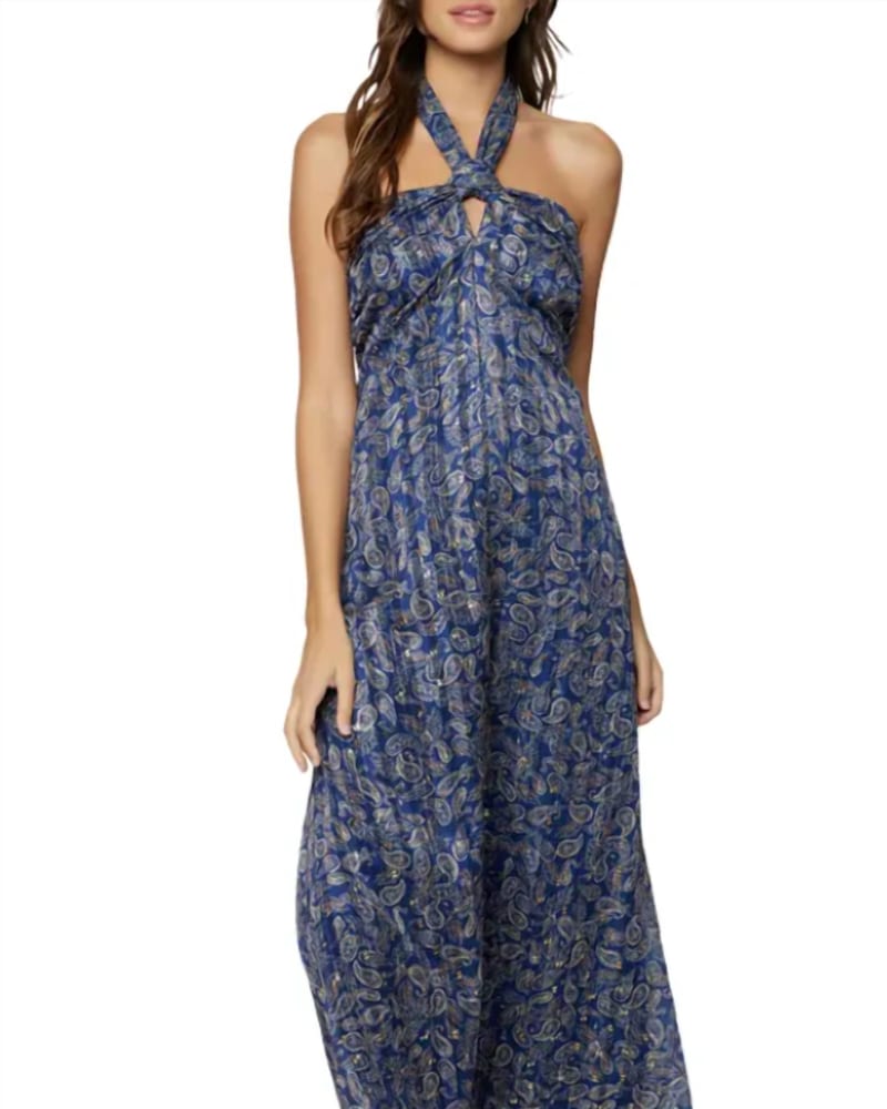 Front of a model wearing a size L Wish Upon Halter In Blue in Blue by LOST + WANDER. | dia_product_style_image_id:355951